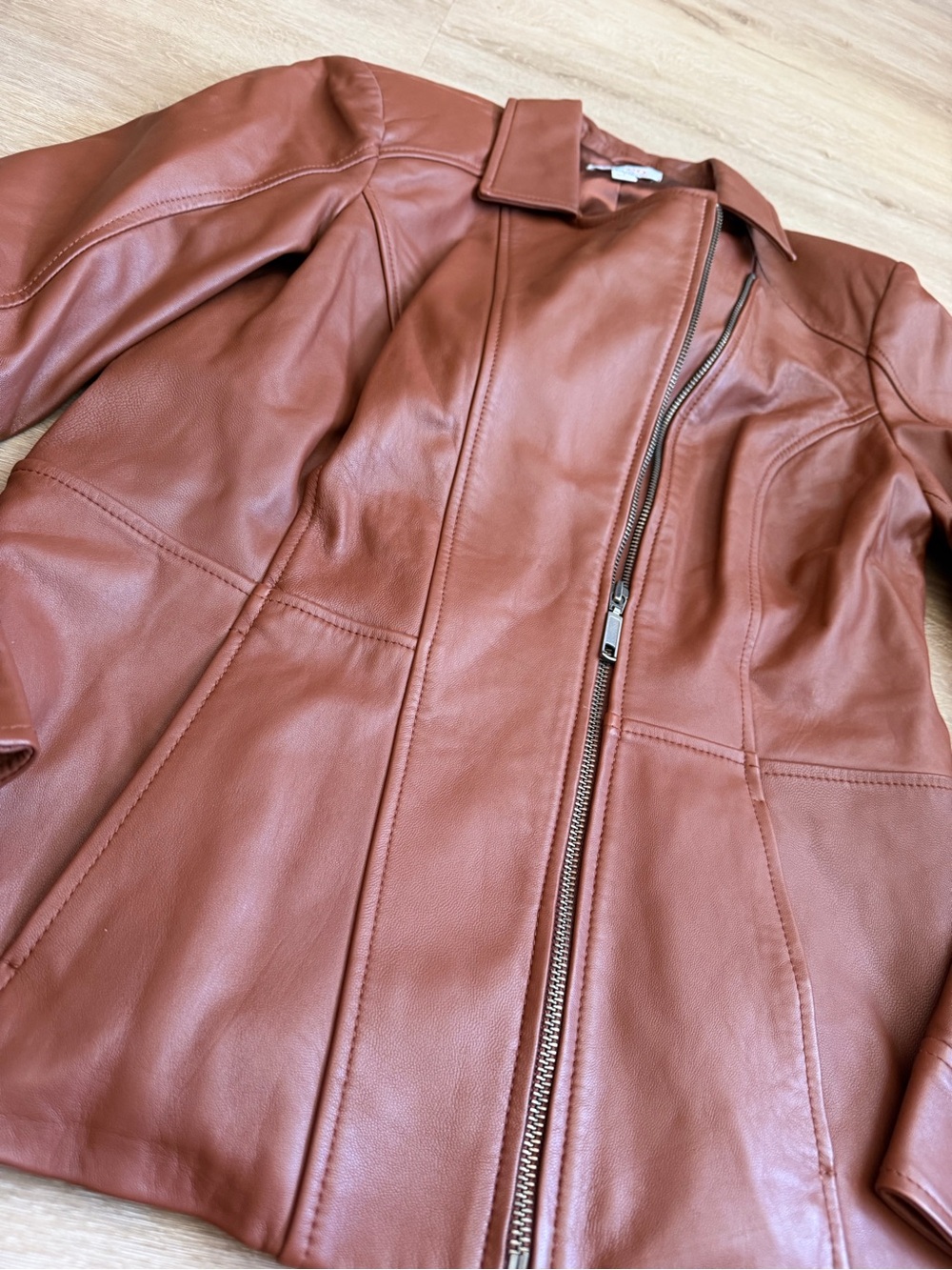 Denim & Company Leather Cognac Brown Tan Moto Jacket SZ S - Picture 2 of 11